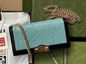 Portefeuilles AAAAA 19cm Wallet on Chian Light Blue Embossed Leather Black Trim Purse pour femme avec Dust Bag Box