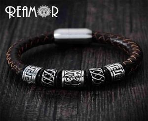 REAMOR Trendiges Herren-Armband aus schwarzem Leder, 316l Edelstahl, Wikinger-Perlenarmbänder mit starkem Magnetverschluss, 1721 cm, 210918188m8291207