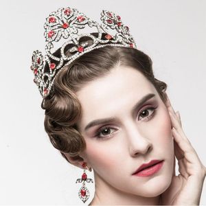 Couronnes de mariage Quinceanera rouge et vert pour femmes Bling strass perles bijoux de cheveux coiffes de mariée + boucles d'oreilles robes de soirée