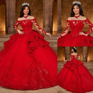 Red Ball Gown Lace Quinceanera Dresses Appliqued Prom Gowns With Long Sleeves Sequined Off The Shoulder Neckline Tulle Sweet 15 Masquerade Dress