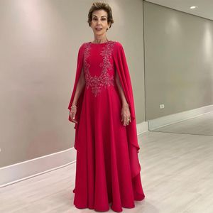 Vestidos de madre de la novia con cuentas rojas, vestido de invitados de boda con capa, escote barco, tren de barrido, vestidos de noche con diamantes de imitación