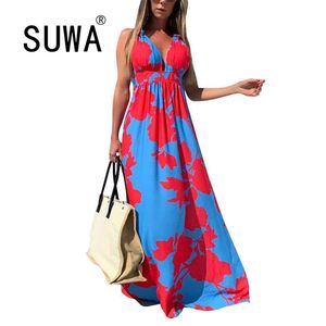 Rouge bleu imprimé Vintage robes décontractées pour les femmes été arrivée Boho élégant Streetwear Midi dame robe en gros 210525