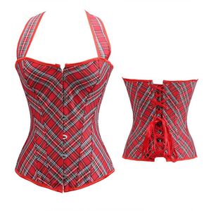 Conjunto de corsé y Tanga con cuello Halter a cuadros rojos para mujer, corsé de talla grande S-6XL a la moda de estilo británico, corsé con cordones por encima del pecho a cuadros