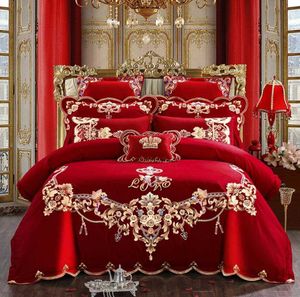 Juego de sábanas de cama con bordado de boda de estilo chino rojo, juego de cama de princesa sólida de algodón, funda de cama romántica de lujo para niñas 210706