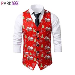 Chaleco rojo de Navidad Wasitcoat Hombres Marca con cuello en V Slim Fit Chalecos para hombre Fiesta de Navidad Fiesta de baile Chaleco Chaleco Traje Homme 2XL 210522