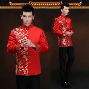 Vestido chino de dragón rojo de manga larga para novio, vestido tradicional de boda para hombre, Cheongsam de satén, traje superior, traje Tang, ropa tostada 228Q