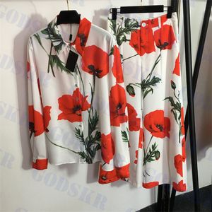 Chemise à fleurs rouges femmes pantalons deux pièces rétro dames t-shirts pantalon ample nouveau pyjama à manches longues