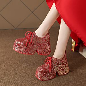 Zapatos de tacón alto rojos para mujer, zapatos de boda para fiesta, suelas gruesas, zapatos casuales de moda, zapatos deportivos de diseñador para primavera, nuevo papá, talla 35-40