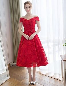 Vestido de dama de honor de encaje rojo una línea barata té de té.
