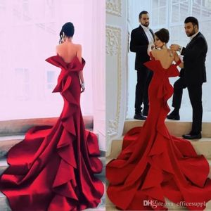 Red Mermaid Portrait Fabulous Prom Robes Sexy Off Big Bow Back Backless Celebrity Party Robes Dubai Satin Chapel Train Evening Go 250b