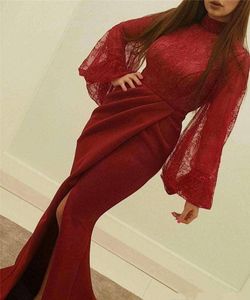Robes de bal musulmanes rouges 2018 sirène manches longues dentelle avant fente sexy formelle islamique Dubaï saoudien arabe longue robe de soirée élégante