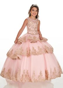 Rouge Rose Mignon Fleur Filles Robes Pour Les Mariages Jewel Neck Dentelle Appliques Perles De Cristal À Niveaux Couche Anniversaire Enfants Fille Pageant Robes