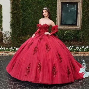 Elegant Red Off-Shoulder Quinceanera Dress | Sleeveless Lace Applique Ball Gown with Feather Accents and Corset Back