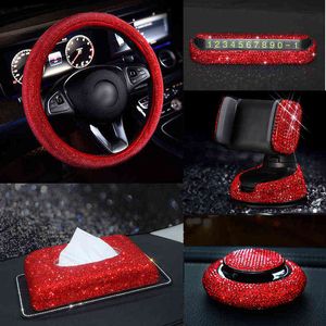 Accessoires d'intérieur de voiture strass rouge pour femmes couverture de volant de diamant cristal support de montage de voiture porte-clés boîte à mouchoirs déco J220808