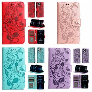 Études de portefeuille en cuir de fleur de rose rouge pour Samsung S23 Ultra plus A23E A04 4G A23 A13 A03 Core Galaxy A53 A33 5G IMPRESSION FLORAL CRÉDIT CARDE SLOT SOP