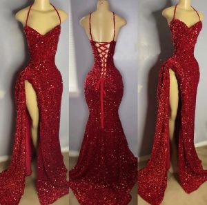 Paillettes rouges foncé 2024 robes de bal licou haut fendu corset dos sirène sur mesure plus taille célébrité fête robe de bal formelle tenue de soirée robes