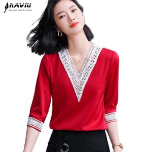 Chemise rouge col en V mode tempérament haut de gamme été dentelle demi manches en mousseline de soie Blouses bureau dames décontracté travail hauts 210604