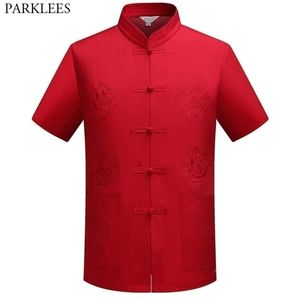 Chemise Tang traditionnelle de style chinois rouge Hommes Mandarin collier de grenouille T-shirts de linge Mens Tai Chi Wing Chun Kung Fu Vêtements 210522