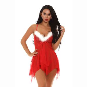 Vestido erótico transparente rojo Encaje Hallow Out Sheer Mujeres Sexy Navidad Cosplay Lencería 211208