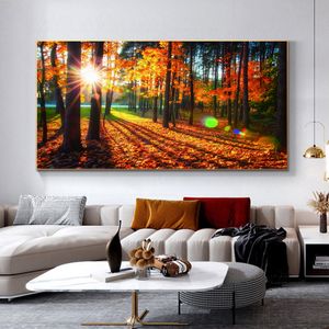 Pósteres de árboles rojos, impresiones en lienzo, pintura de paisaje de sol en lienzo, imágenes artísticas de pared para sala de estar, bosque, decoración moderna para el hogar
