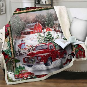 Couvertures de camion rouge 3D Cartoon Sherpa Couverture Épaissir Chaud Super Doux Flanelle Bureau Nap Couverture Joyeux Noël Canapé Literie 211019