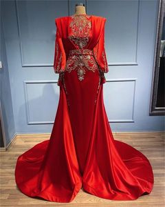 Red Turkey Arabia Muslim Evening Dresses Long Sleeve Beaded Party Dress A Line Formal Gowns Dubai