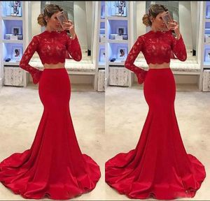 Vestidos de fiesta rojos de dos piezas 2019 Vestidos de noche formales baratos de encaje de sirena Cuello alto Mangas largas Robe de soriee