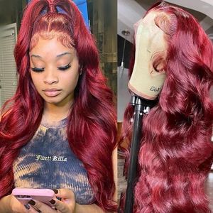 Peluca roja Borgoña Pelucas de cabello humano Onda larga del cuerpo Encaje Frontal Prearrancado Línea de cabello para mujeres de color