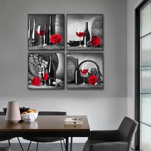 Copa de vino tinto Cartel de rosas y estampados Pintura de lienzo Imagen de arte de pared para el comedor Restaurante Sala de estar Decoración del hogar