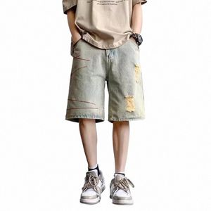 Línea reddachic pantalones cortos de mezclilla bordados para hombres Hiphop deshilachados pantalones de pierna ancha destruidos pantalones vaqueros ocasionales sueltos jorts ropa de calle coreana J1m3 #