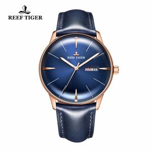 Reef Tiger/RT Relojes de vestir de lujo Dial azul Marca de cuero Lente convexa Vidrio Automático para hombres RGA8238 Relojes de pulsera