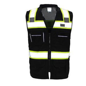 Chaleco reflectante personalizado reflectante, venta al por mayor, tela de malla, chaleco de seguridad para el trabajo en carretera para hombre negro