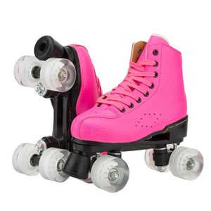 Patines de ruedas negros triples reflectantes para hombre y mujer, zapatillas deslizantes de patinaje cuádruple de cuero para adultos, patín de entrenamiento de 4 ruedas