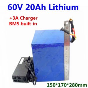 Batterie lithium-ion rechargeable 60V 20Ah avec BMS 16s pour voiture électrique pneu large moto scooter e-bike + chargeur 3A