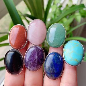 Anillo de dedo de piedra de gemas naturales curativas de Reiki, cuarzo rosa, ojo de tigre, lapislázuli, amatistas, anillos de cristal púrpura, joyería de fiesta para hombres y mujeres