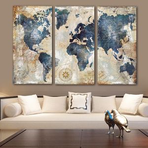 Arte confiable 3 paneles/juego de gran tamaño mapa del mundo pinturas en lienzo carteles de pared para el hogar para sala de estar Cuadros decorativos sin marco 210310