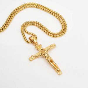 Collier avec pendentif religieux INRI Crucifix, croix de jésus, couleur dorée, chaîne de cou en or jaune 14 carats pour hommes, bijoux chrétiens et catholiques