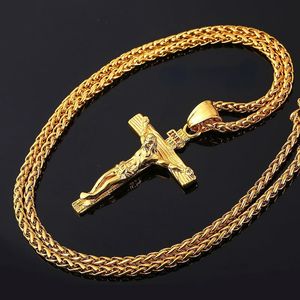 Collar religioso con cruz de Jesús para hombre, colgante de cruz dorada a la moda con cadena, collar, joyería, regalos para hombre, colgante