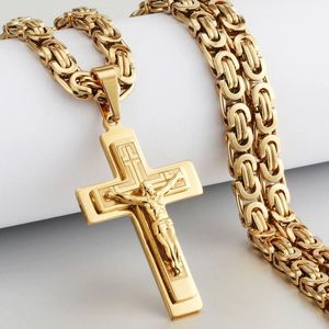 Crucifijo religioso para hombres, collar con colgante de cruz de oro amarillo de 14k, collares de cadena bizantina pesada, regalos de joyería sagrada de Jesucristo