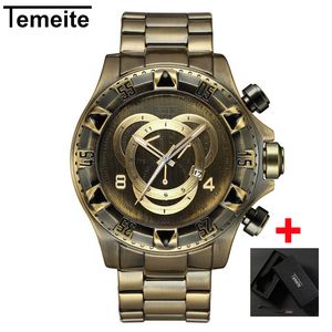 Reloj de pulsera de cuarzo de bronce Retro TEMEITE de marca superior de lujo a la moda, relojes de pulsera militares para hombre, reloj resistente al agua para hombre