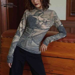 Estampado renacentista Vintage Top cuello alto blusa de manga larga mujeres alto elástico señoras Tops ropa Spandex Bodycon 13147 210427