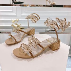 RENE CAOVILLA Sandalias de tacón bajo para mujer, decoración de flores con diamantes de agua, zapatos de diseñador de lujo, zapatos informales de moda para fiesta y boda