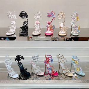 Rene Caovilla Margot Sandalias de luz de cristal con decoración de patrón de serpiente Los tacones altos delgados de la mujer, diseñador de lujo en el tobillo, zapatos de noche, zapatos exquisitos