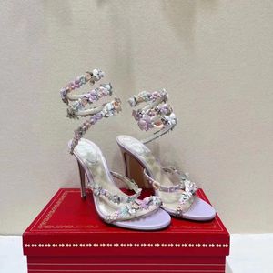 Rene Caovilla Stiletto Crystal Décoration Sandales Femmes Robe De Soirée Chaussures 9.5cm Fleurs Pourpres Serpentine Wraparound Designer Femmes Talons