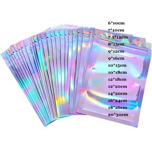 14 tailles holographique translucide fermeture éclair laser auto-scellant sac en plastique pochette d'emballage anti-odeur stockage alimentaire couleur arc-en-ciel emballage cadeau collier refermable