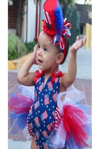 Retailwhole Baby Girl Star Striped Print Independence Day Rober avec Bow Band Band 2pcs Set Kids One-Osies Jumpsuit C7573711