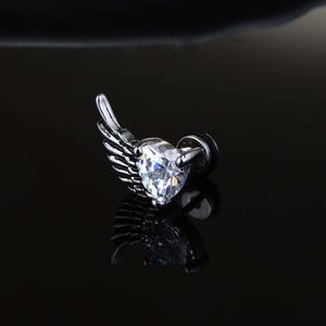 Rétro ailes d'ange boucle d'oreille en acier inoxydable diamant coeur Zircon diamant anneaux d'oreille pour hommes femmes Hip Hop Punk bijoux de mode