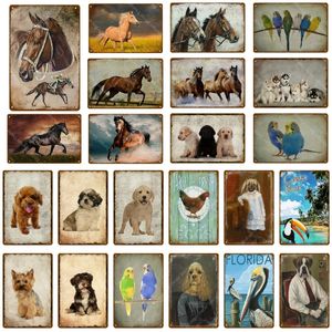 Retro Animal Art Painting Horse Dog Parrot Florida Wall Sticker Metal signes Enfants Cadeaux pour Pub Bar Decor Home