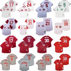 Baseball rétro 17 Chris Sabo Jersey 30 Ken Griffey 5 Johnny Bench 24 Tony Perez 21 Reggie Sanders Cool Base Rouge Blanc Gris Pull Vintage 1976 1990 2000 2005 Retraite