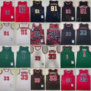 Rétro Basketball Dennis Rodman Jerseys 91 Man Vintage Derrick Rose 1 Scottie Pippen 33 Stripe Broderie Pur Coton Athletic Wear Chemise de retour Bonne qualité
